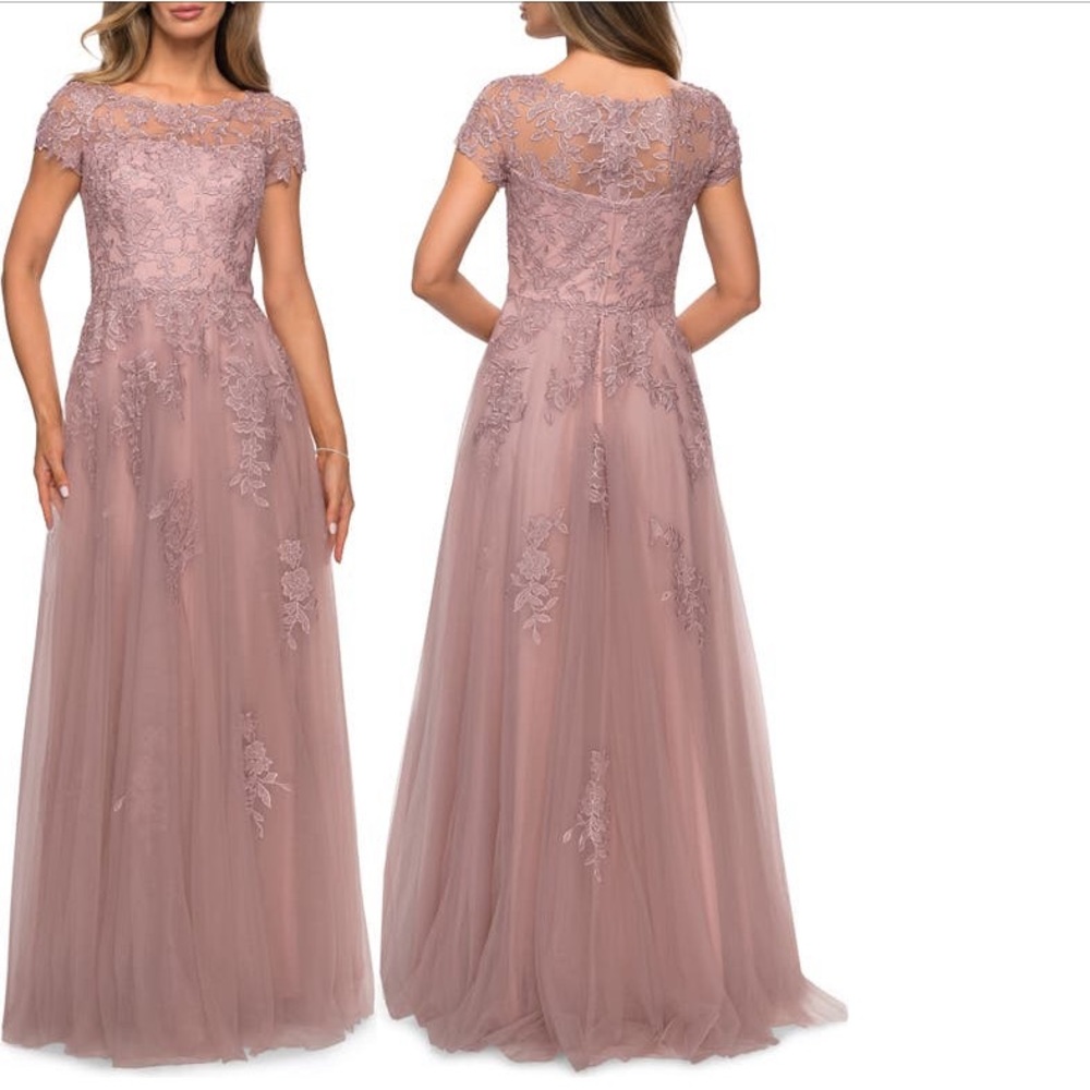 La Femme Embroidered Lace Illusion Yoke A-Line Gown